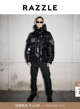 RAZZLE 地素奥莱男装黑色冬时尚潮流中长款亮面Pu羽绒服