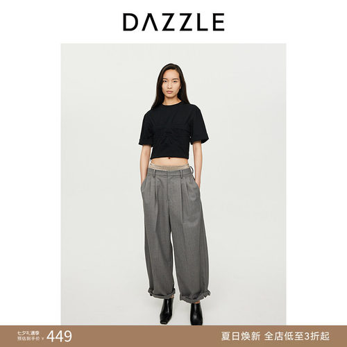 DAZZLE地素奥莱 T恤秋季女装黑色法式立裁短袖短款圆领上衣