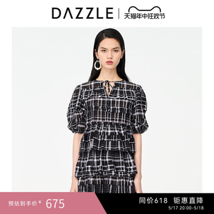 泡泡袖 DAZZLE地素奥莱 夏季 法式 格纹连衣裙蛋糕裙女