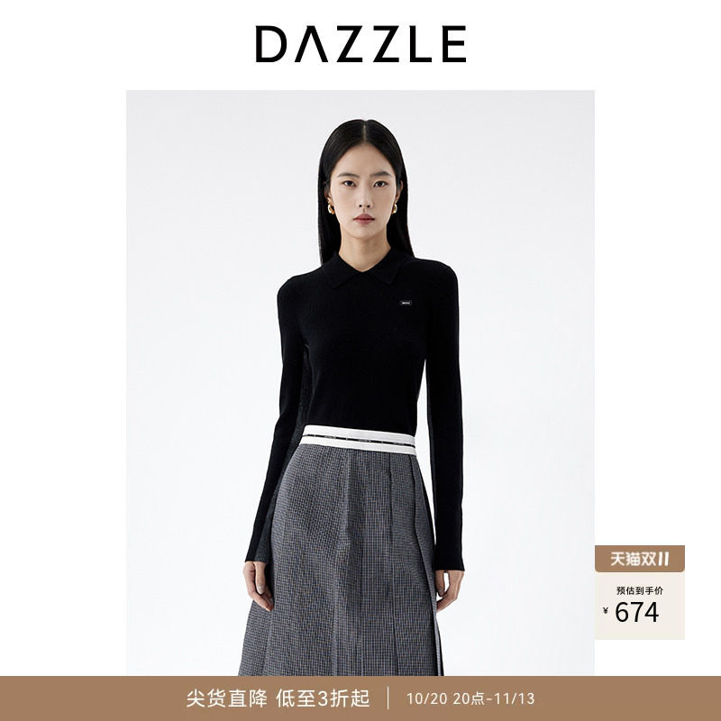 DAZZLE 地素奥莱毛针织衫25春休闲通勤黑色针织V领长袖套衫