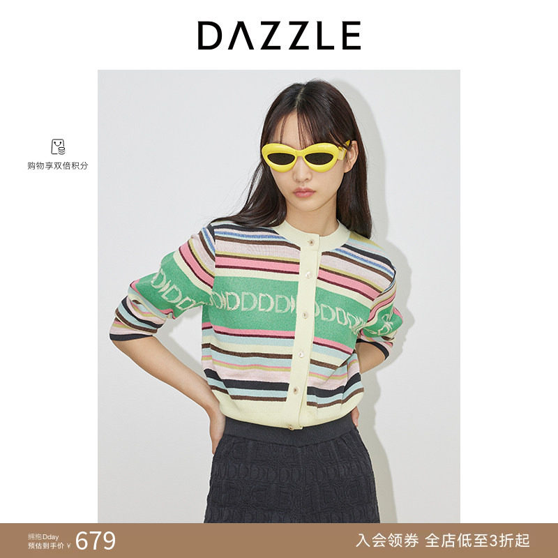 DAZZLE地素奥莱 毛针织衫春秋多巴胺提花撞色毛衣外套
