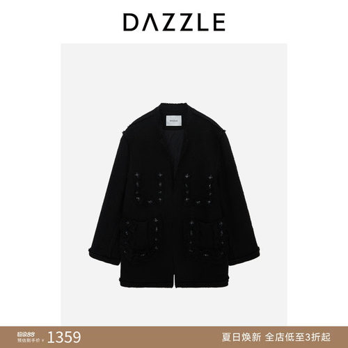 DAZZLE地素奥莱棉服气质通勤黑色羊毛花纱薄棉外套小香千金风