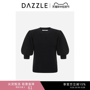 DAZZLE地素奥莱黑色简约高级感泡泡袖短款套头毛衣针织衫女