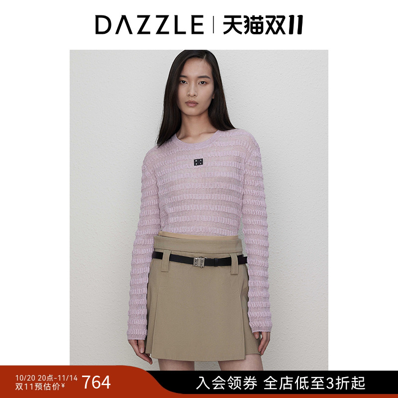 DAZZLE地素奥莱 毛针织衫秋季装复古波浪提花圆领上衣毛衣女