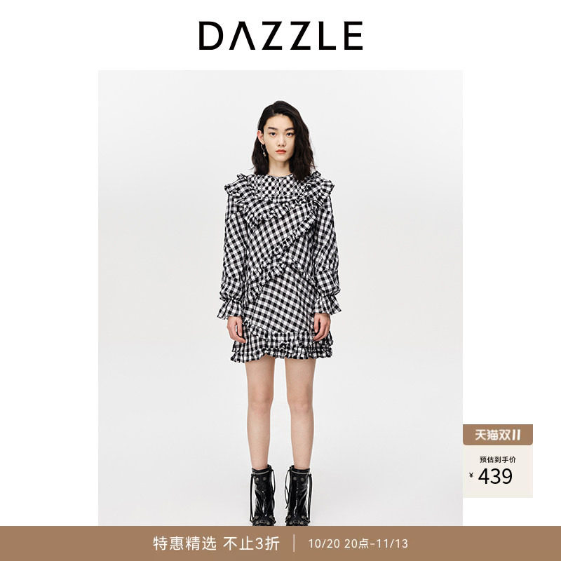 DAZZLE地素奥莱 甜美格纹荷叶边宽松休闲连衣裙女2D3O6113B