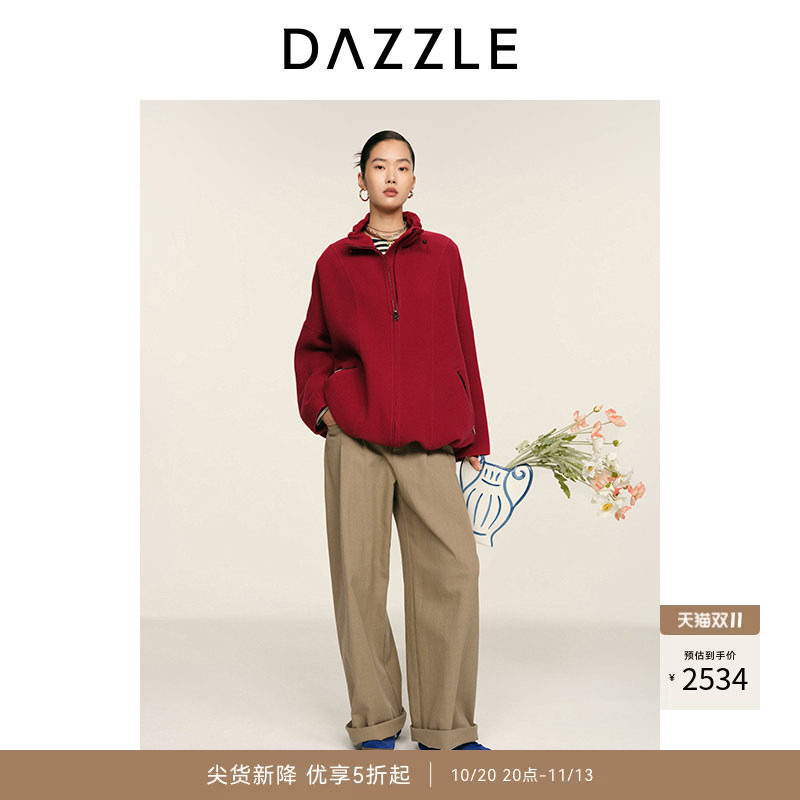 DAZZLE 地素奥莱大衣2026年春季绵羊毛混纺大红色短外套
