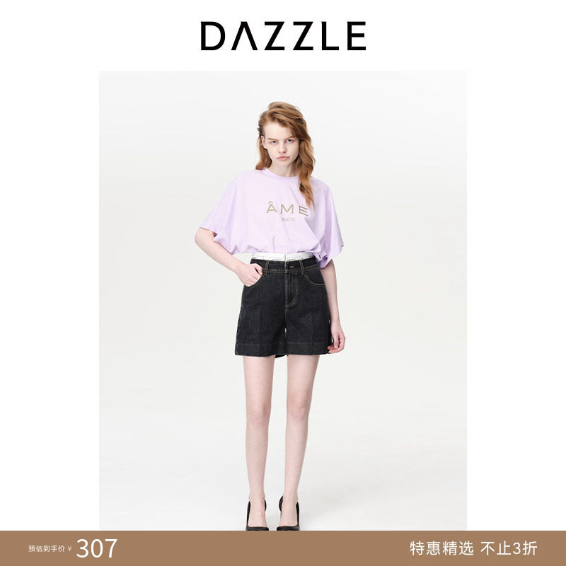 DAZZLE地素奥莱牛仔短裤春夏装黑色拼接腰设计感裤女