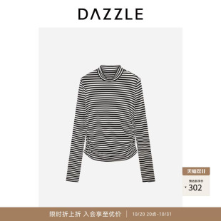 DAZZLE地素奥莱长袖T恤黑色条纹弹力打底T恤