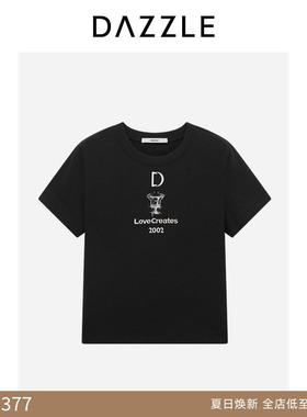 DAZZLE 地素奥莱T恤夏季黑色棉混纺绣花短袖T恤