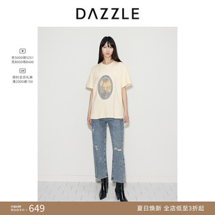 DAZZLE地素奥莱 T恤秋季女装简约字母立体图案刺绣圆领上衣