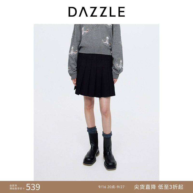 DAZZLE地素奥莱 半身裙秋季女装A字版简约针织百褶毛衫短裙图片