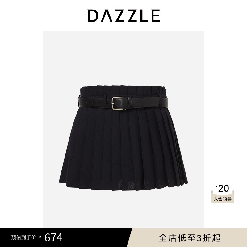 DAZZLE 地素奥莱裙夏季黑色绵羊毛混纺百褶裤裙短裙