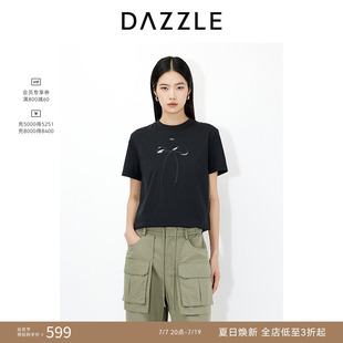 DAZZLE 地素奥莱短袖T恤2025年春季黑色蝴蝶结印花T恤