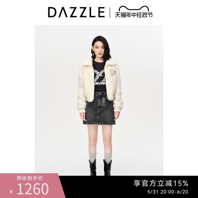 DAZZLE地素奥莱白色休闲羊毛绒翻毛领短款毛呢外套毛绒外套女