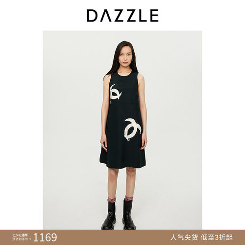DAZZLE地素奥莱 连衣裙女法式休闲松弛黑色肌理无袖A字短裙