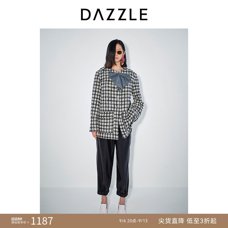 DAZZLE地素奥莱 毛呢外套春秋女装小香风蝴蝶结饰花呢蓝灰格子大