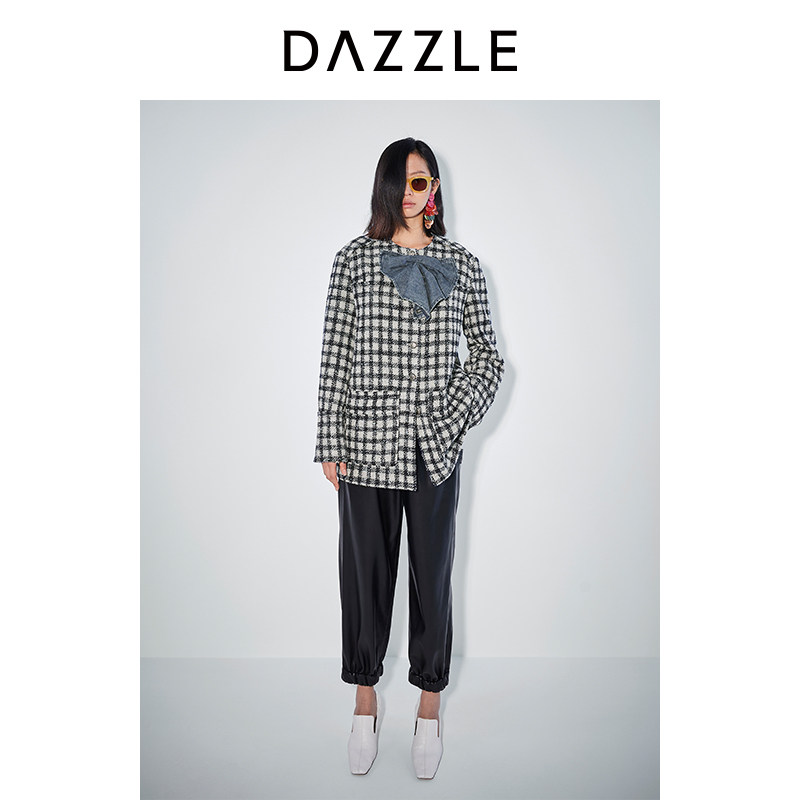 DAZZLE地素蓝灰格子毛呢外套图片
