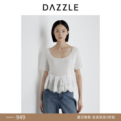 DAZZLE 地素奥莱毛衫短袖2025年夏季拼接绣花重工毛衫