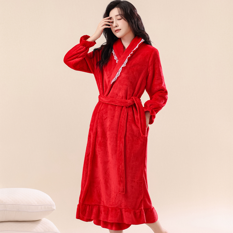 中长款睡衣女珊瑚绒秋冬性感浴袍结婚喜庆晨袍大码睡袍法兰绒开衫