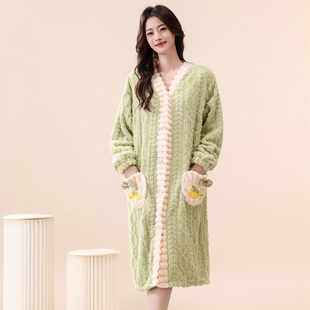 睡袍女秋冬加绒加厚珊瑚绒孕妇珊瑚绒睡裙宽松法兰绒可外穿家居服