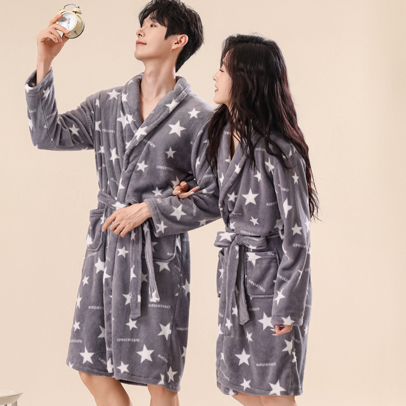 加厚加绒法兰绒睡衣女睡袍秋冬款中长款大码保暖珊瑚绒浴袍居家服