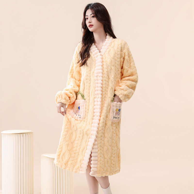 睡袍女加厚加绒秋冬季珊瑚绒可爱睡衣中长款睡裙法兰绒浴袍居家服