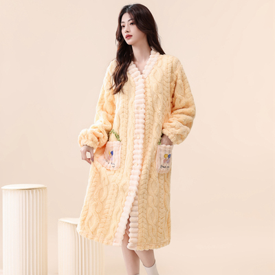 睡袍女加厚加绒秋冬季珊瑚绒可爱睡衣中长款睡裙法兰绒浴袍居家服