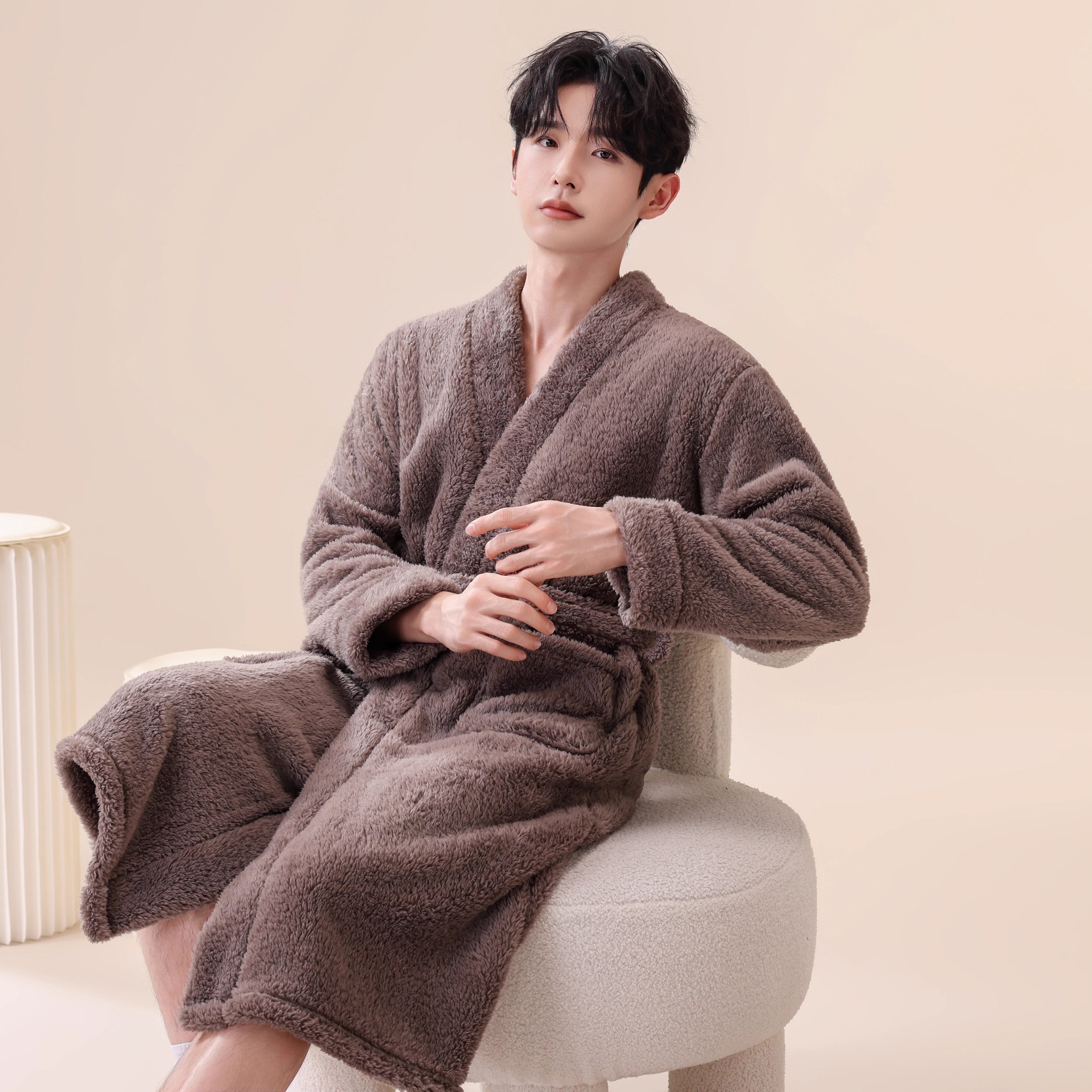 睡袍男加厚加绒保暖性感浴袍秋冬休闲睡衣和服领中长款珊瑚绒晨袍
