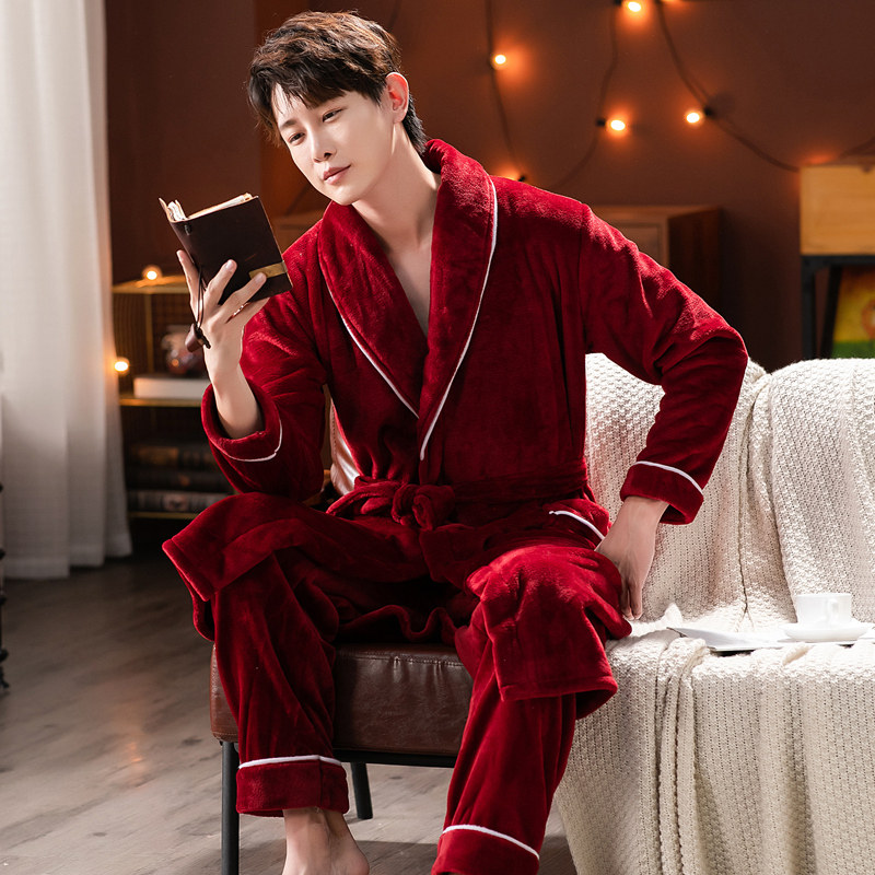 睡袍男冬季加裤子加绒加厚外穿珊瑚绒中长款两件套睡衣法兰绒浴袍