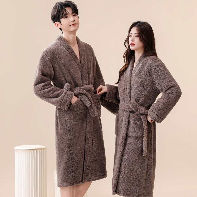 珊瑚绒睡袍加厚秋冬保暖男女士睡衣中长款浴袍长袍洗澡法兰绒晨袍