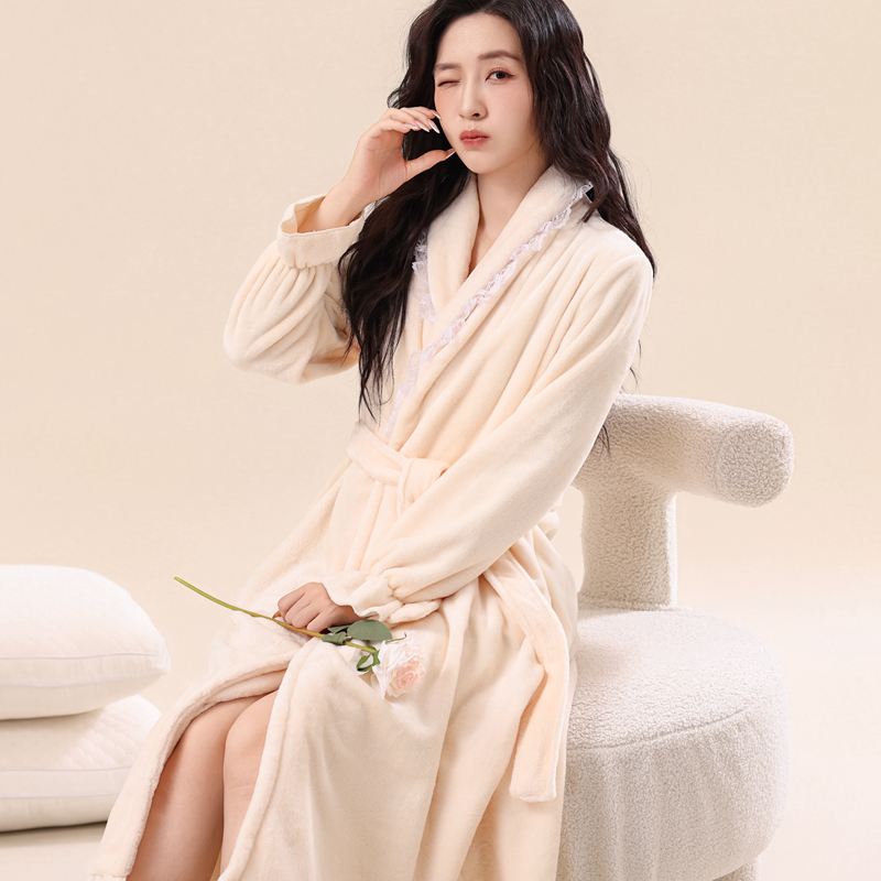洋气秋冬款睡袍女公主风法兰绒中长款大码花边浴袍性感珊瑚绒睡衣