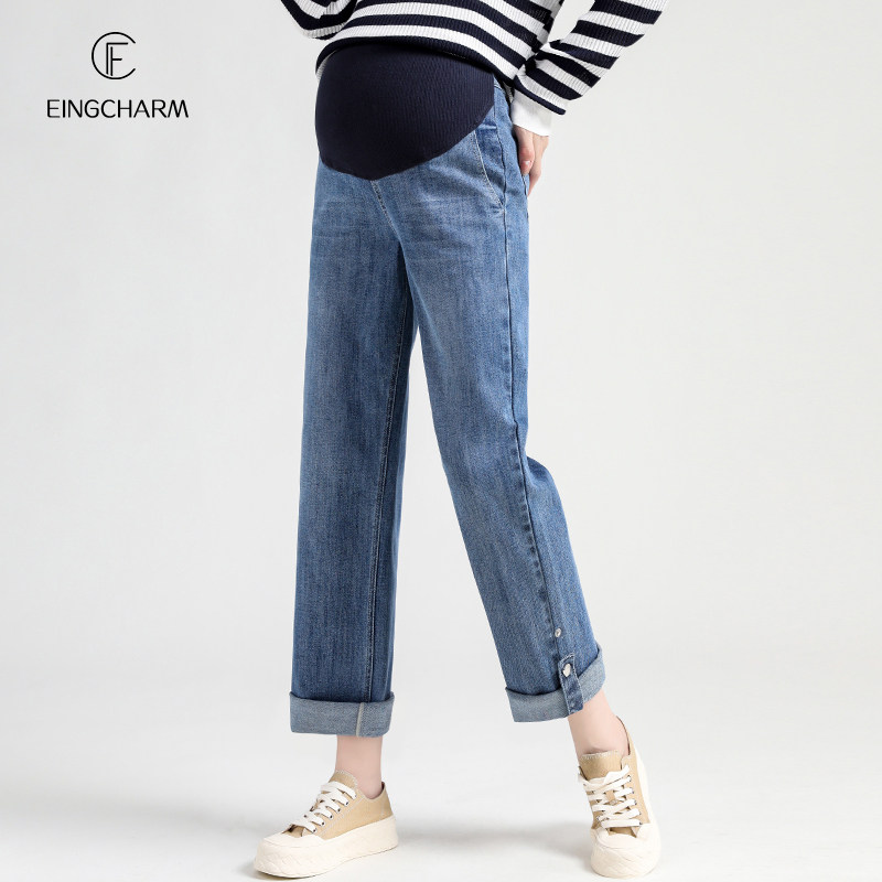 孕妇牛仔直筒裤春秋季外穿时尚潮妈加厚女宽松大码阔腿九分裤秋冬