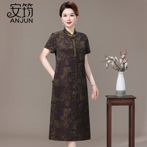贵夫人高端女装妈妈香云纱连衣裙