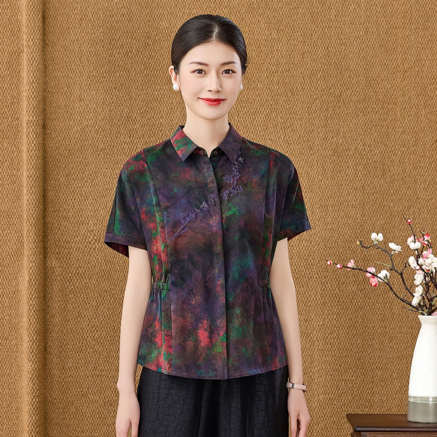 高端真丝女装香云纱短袖上衣2026夏新款新中式宽松桑蚕丝衬衫开衫