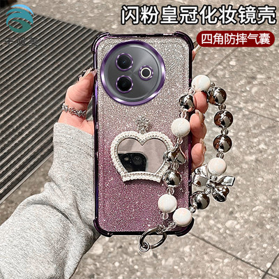 适用vivoY300i手机壳viov全包边viv0闪卡V2444A电镀vivi手链vovi硬壳保护套四角防摔支架奢华潮皇冠镜子/补妆