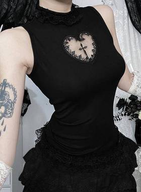 XS25154暗黑系后背绑带上衣 2025新款拽姐高领哥特十字架背心女夏