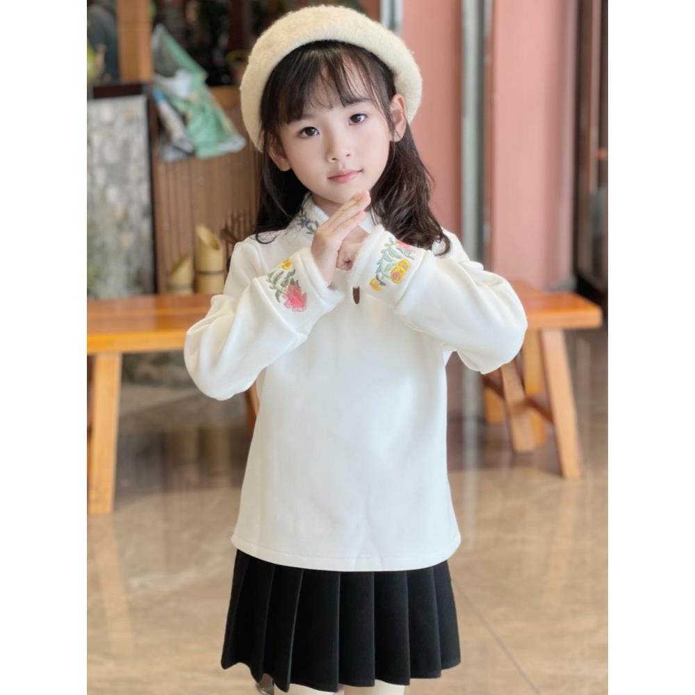 女童新中式国风卫衣拜新年旗袍款打底衫6春秋冬加绒上衣外穿T恤衫