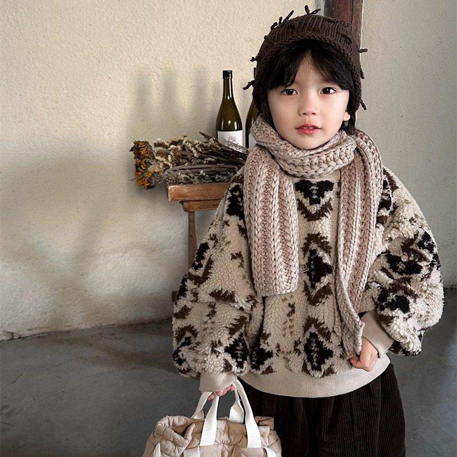 暮晨家新款冬装2024男童加绒半高领卫衣儿童加厚羊羔毛毛衣外套