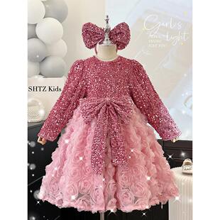 高端女童公主裙秋冬款2025新款小女孩生日礼服儿童洋气加绒连衣裙