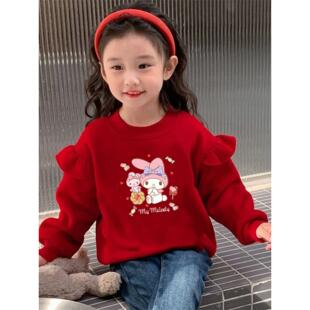 采购产品女孩的天鹅绒运动衫,中型和大型儿童的红色新年问候服装