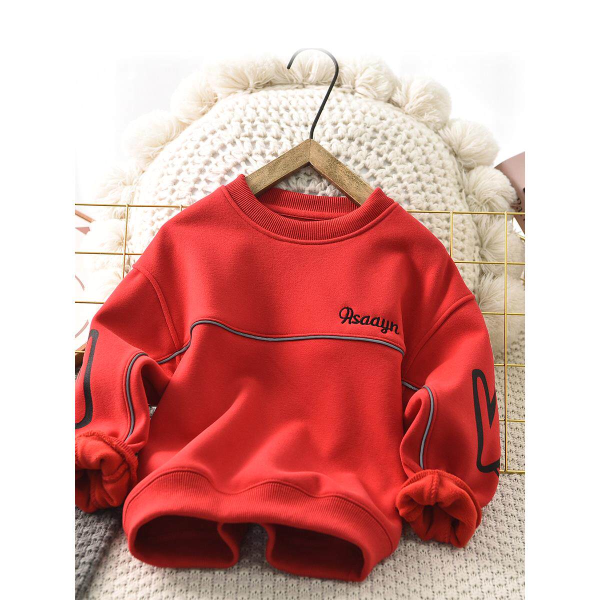 男童卫衣2025秋冬季新款儿童洋气红色上衣中大童加绒加厚套头衫潮