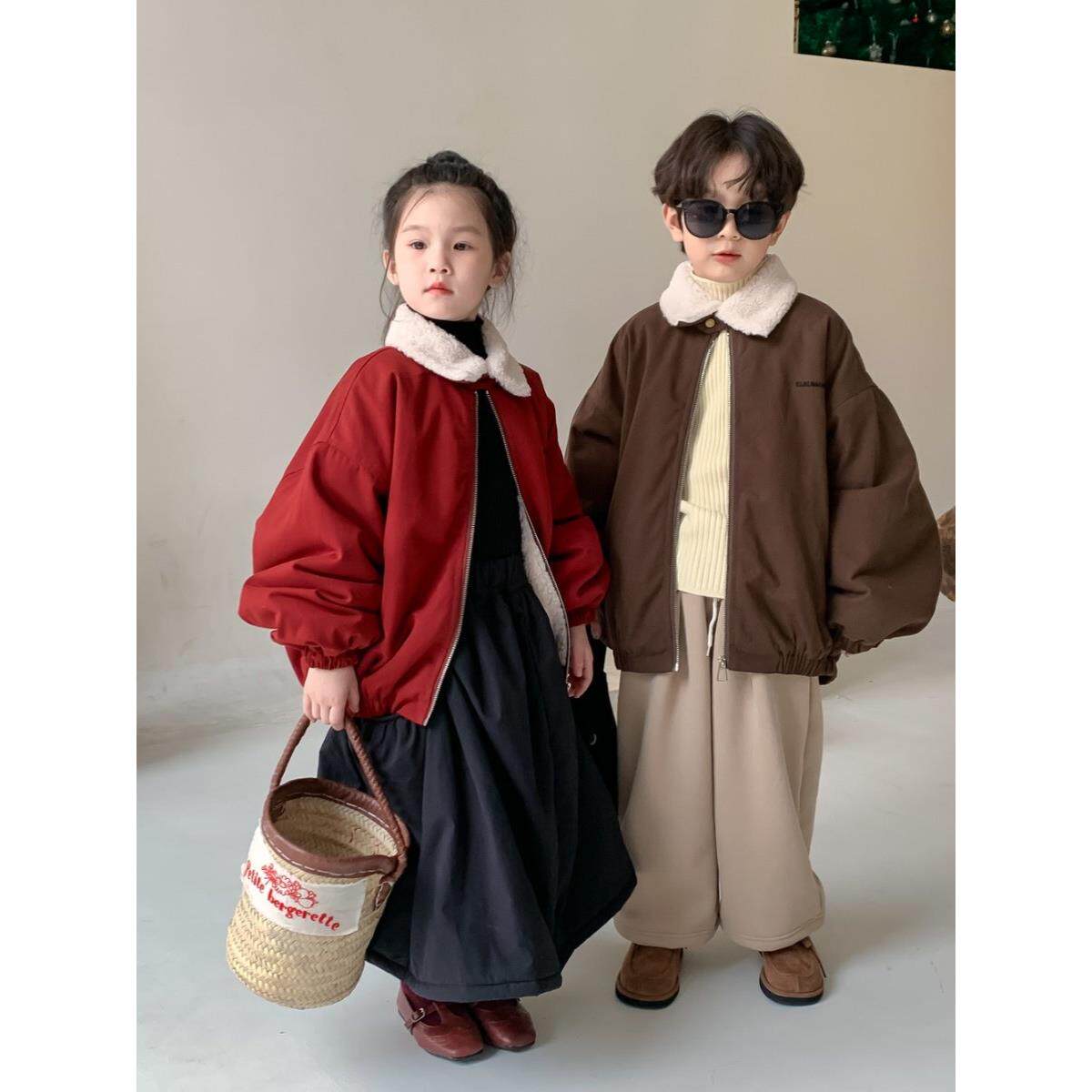 男童女童韩版毛领拉炼夹克上衣童装新款冬款儿童宝宝加厚休闲外套