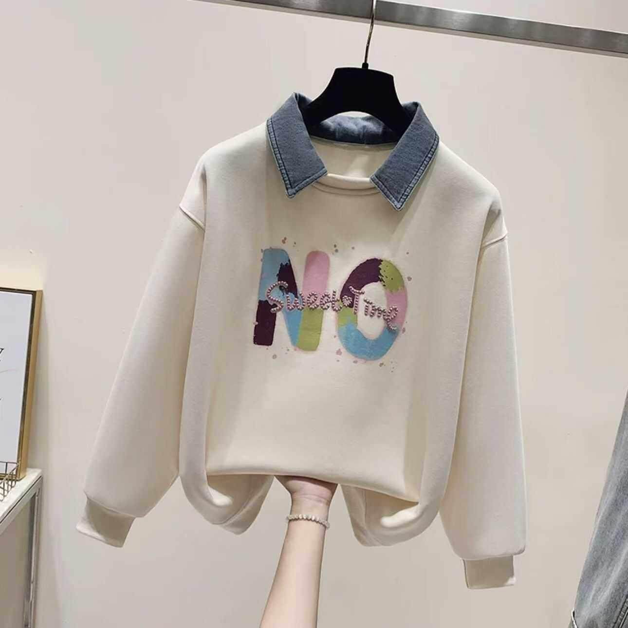 女童长袖假两件卫衣女秋冬季中大童韩系宽松新款设计感牛仔领上衣