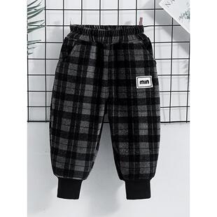 男童加绒裤子一体绒3岁宝宝哈伦裤6宽松4冬季8保暖5儿童格子裤潮
