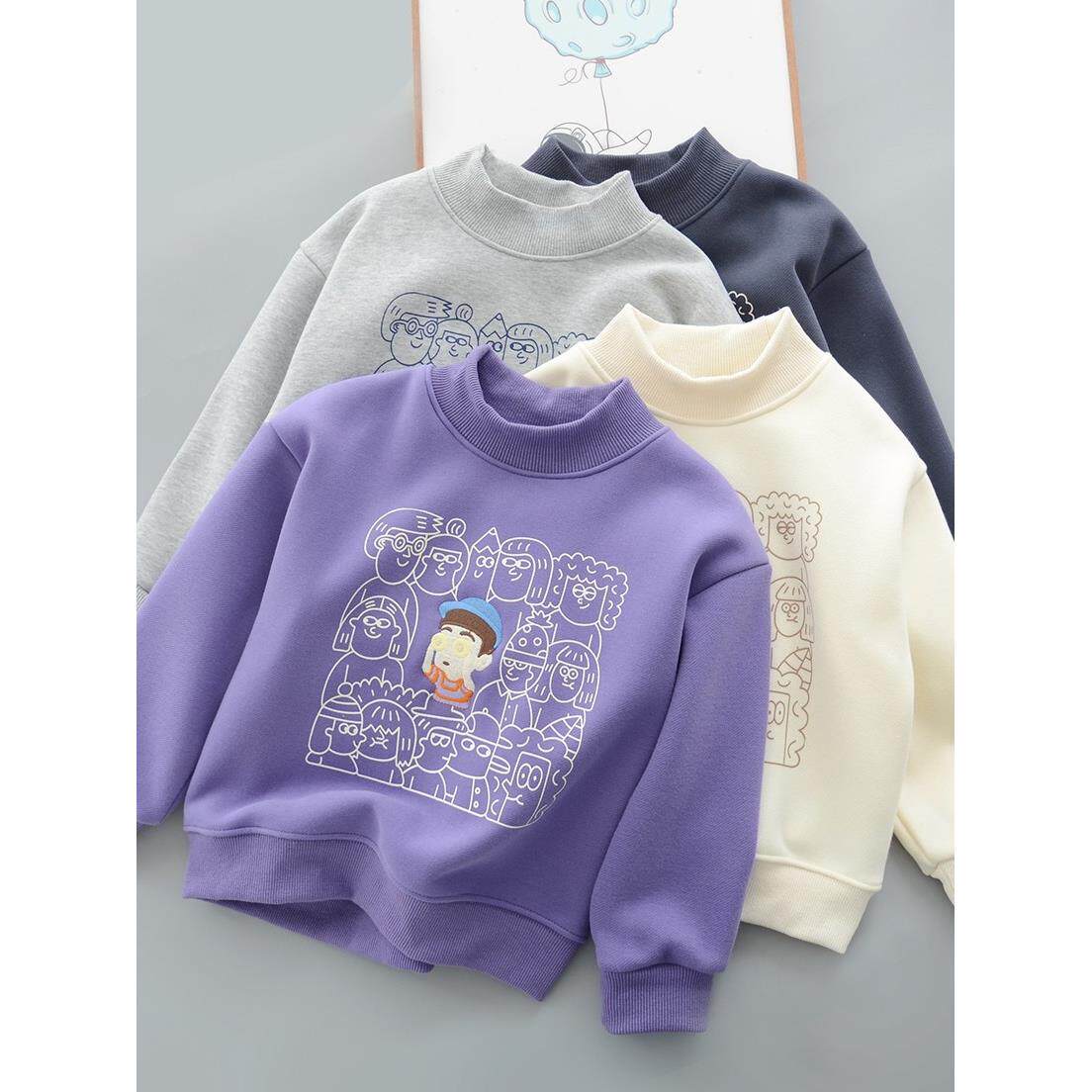 儿童加绒卫衣秋冬新款男童女童套头保暖衣奥粒绒半高领卡通上衣