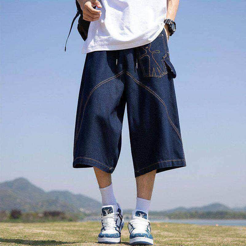 深蓝色刺绣牛仔七分裤男美式高街潮牌工装短裤直筒过膝阔腿八分裤