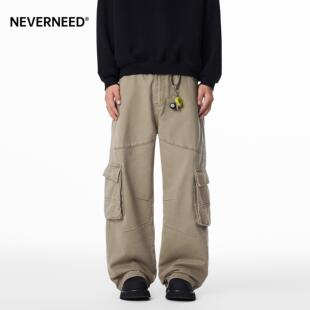 NEVERNEED宽松直筒休闲裤男女秋季美式复古多口袋做旧工装A字裤
