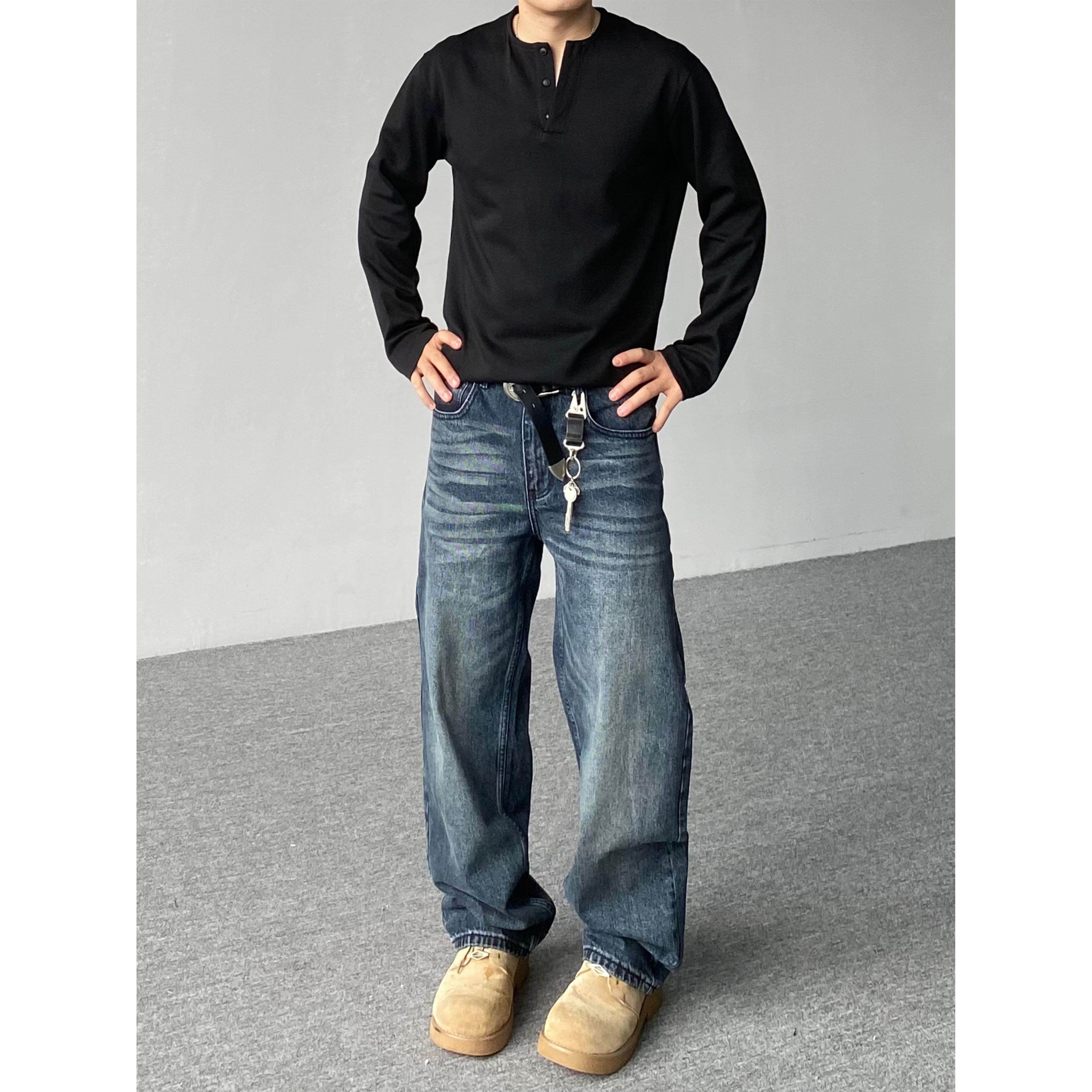 98SQUID 美式覆古深色水洗猫须牛仔裤男女宽松直筒百搭休闲长裤潮