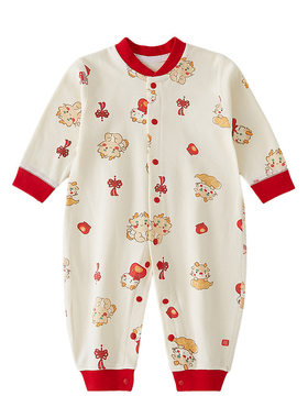 婴儿连体衣春秋纯棉a类新生儿衣服过年喜庆红色龙年宝宝哈衣服装
