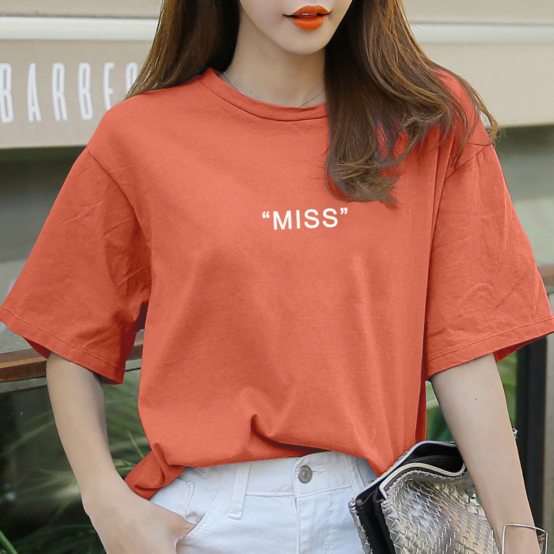 短袖女2019新款夏装宽松大码圆领T恤女中袖橙色半袖字母上衣假一赔三
